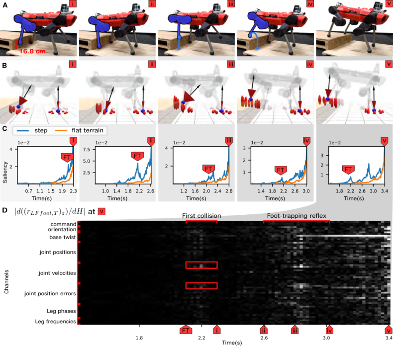 足端被台阶卡住后的反射动作、关节误差与历史观测 saliency